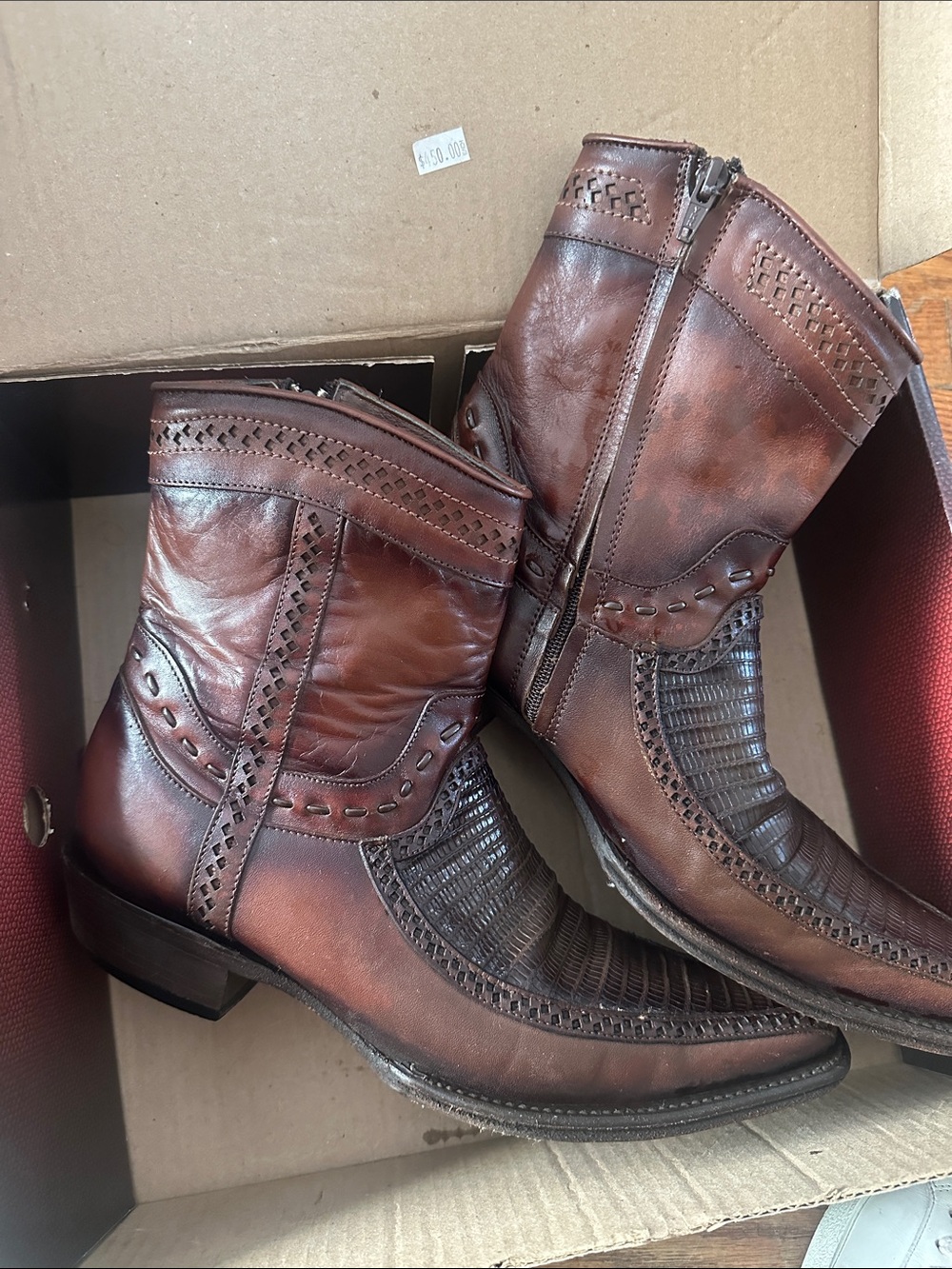 Men's Brown Western Leather Ankle Boots with Side Zip